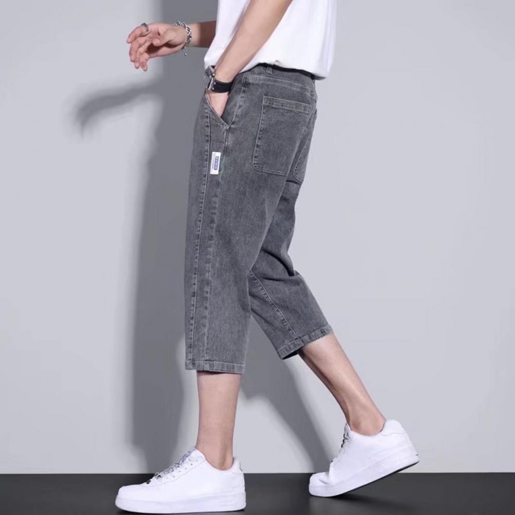Jeans Corti da Uomo Stile Gamba Dritta Tinta Unita Pantaloni Denim a Metà Polpaccio Chiusura con Bottone e Cerniera Pantaloni Estivi Sottili Corti