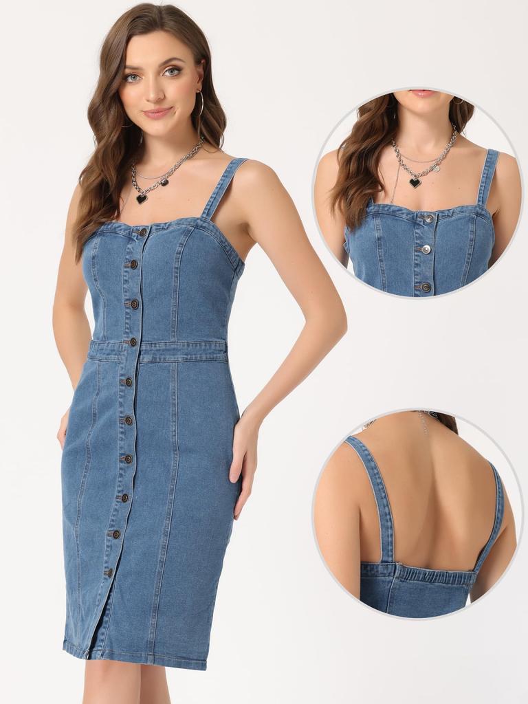 Allegra K Women's Summer Denim Dress, Sleeveless, Sweetheart Neck, Strapless, Knee-Length, Sky Blue, Size XS