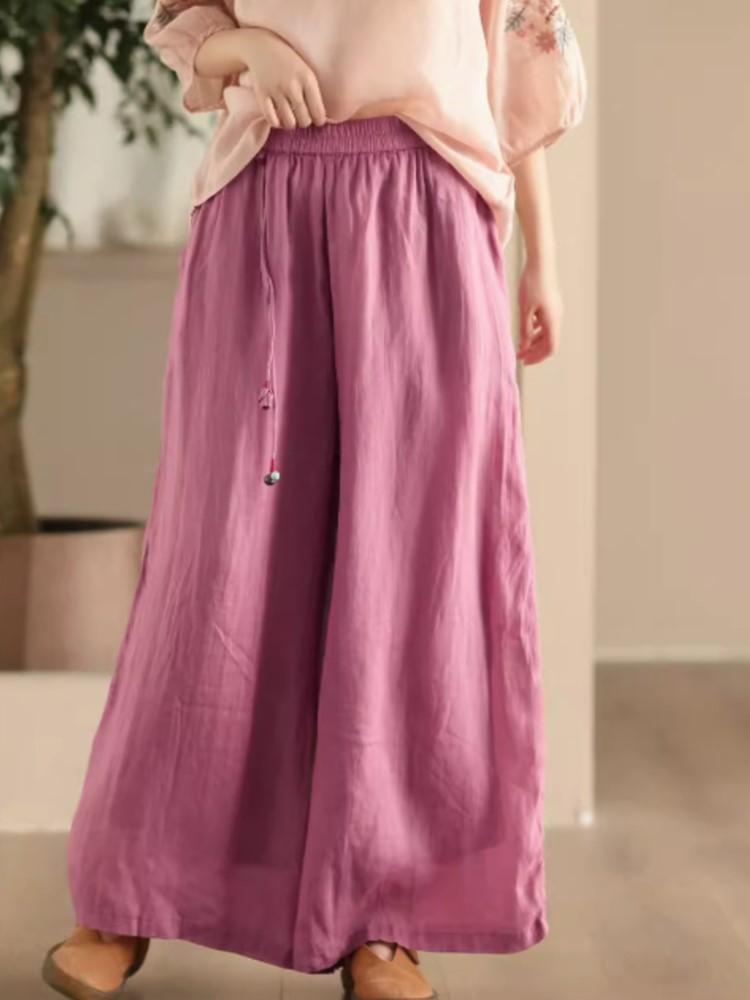 Johnature Damen Vintage Hose mit weitem Bein, einfarbig, Sommerhose mit elastischer Taille, lockere Freizeithose