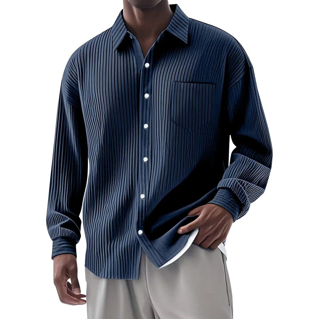Men's Summer Solid Color Stripe Lapel Long Sleeved Shirt Men's Casual Fashion Long Sleeved Shirt