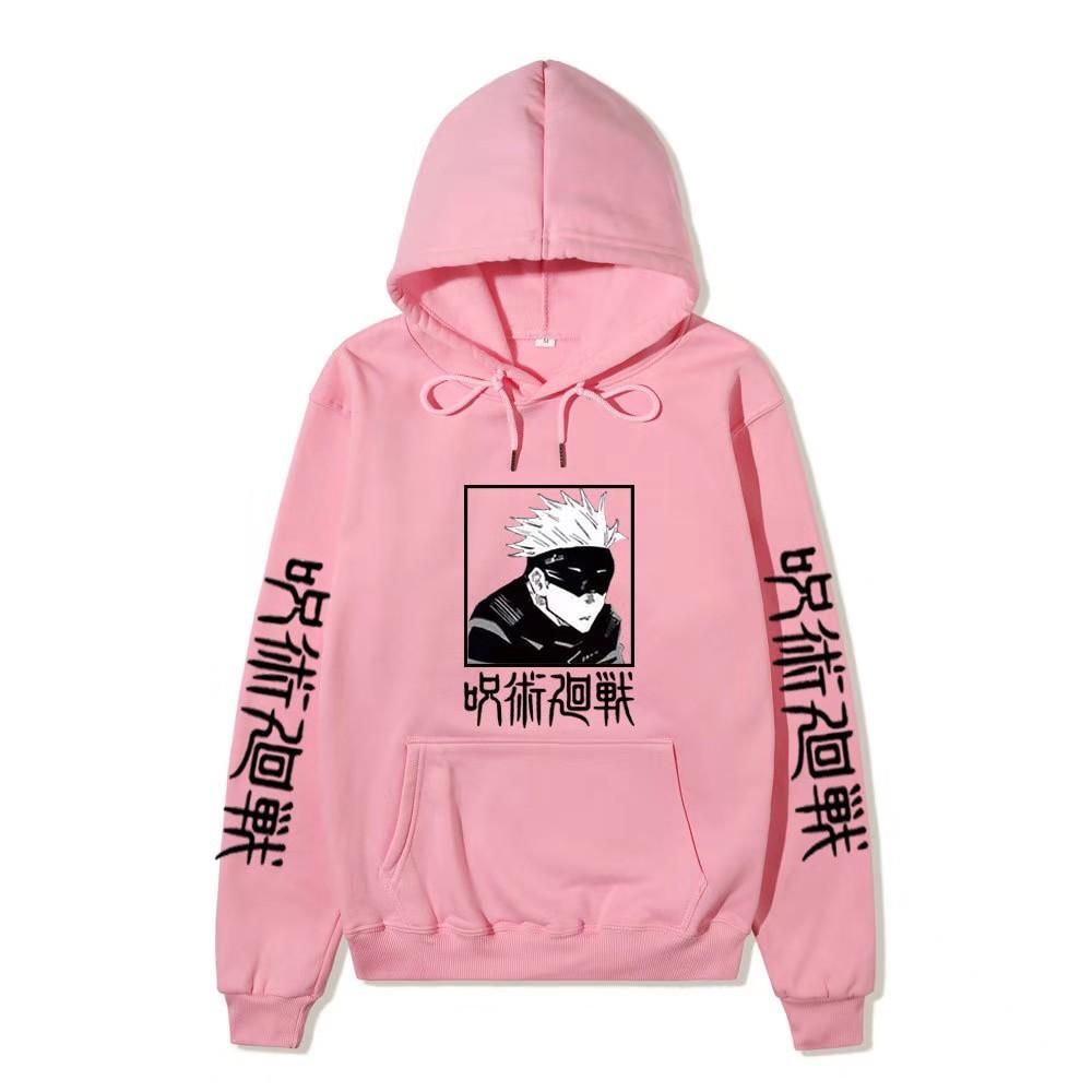Men Women Fleece Hoodie Gojo Manga Art Two Sleeve Vertical Japanese Characters Casual Anime Hooded Sweatshirt