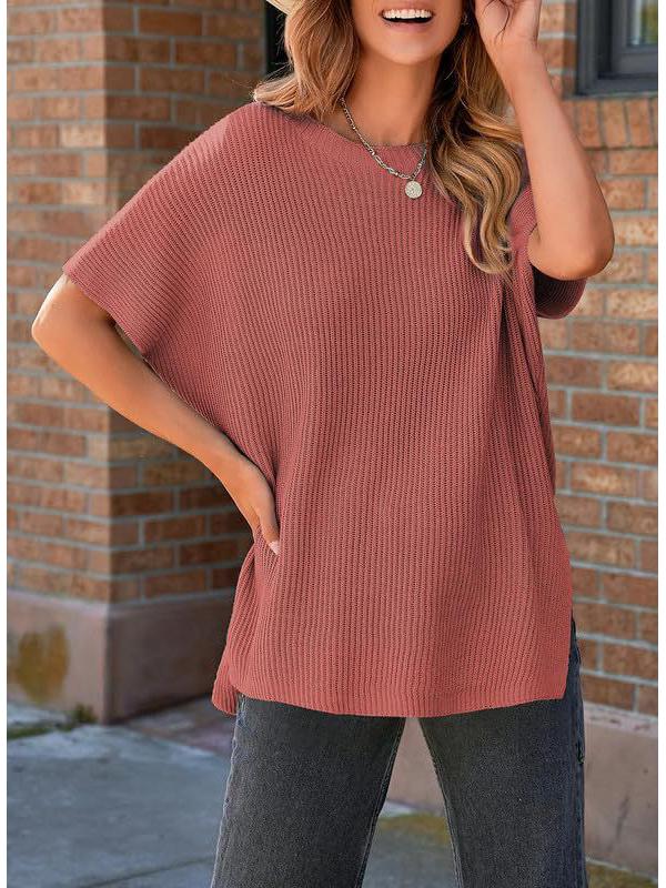 2024 Women's Summer Solid Color Knit Crew Neck Pullover T-Shirt - European & American Casual Loose Fit, Drop Shoulder, Short Sleeve Top