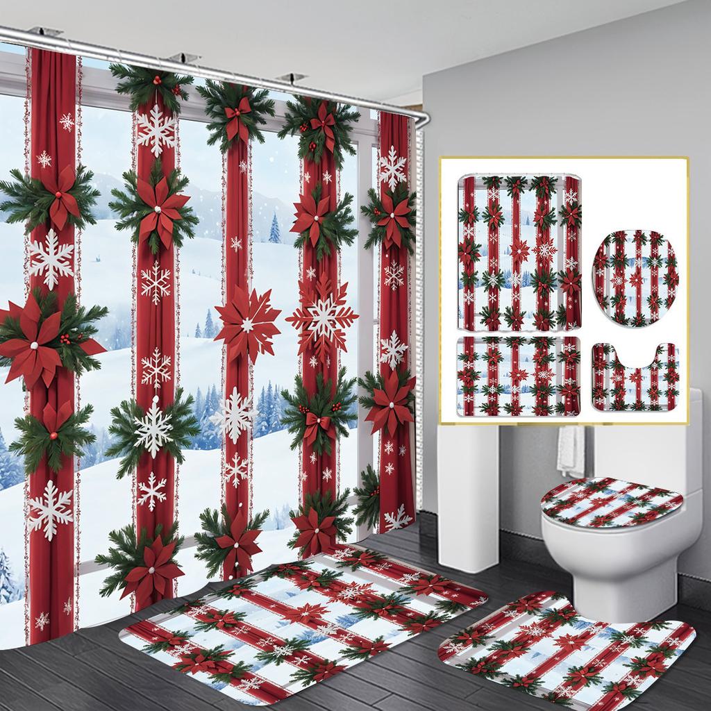 Christmas Shower Curtain Four-Piece Non-Punching Partition Curtain Digital Printing Bathroom Decoration Curtain