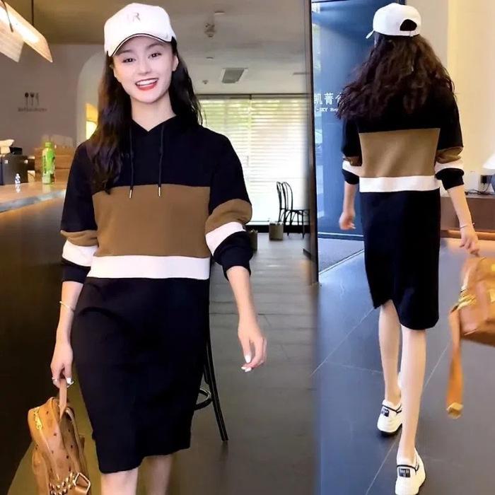 Dámské mikinové šaty s kapucí v korejském stylu - Středně dlouhé, Slim fit, Velká velikost, Trend podzim/zima