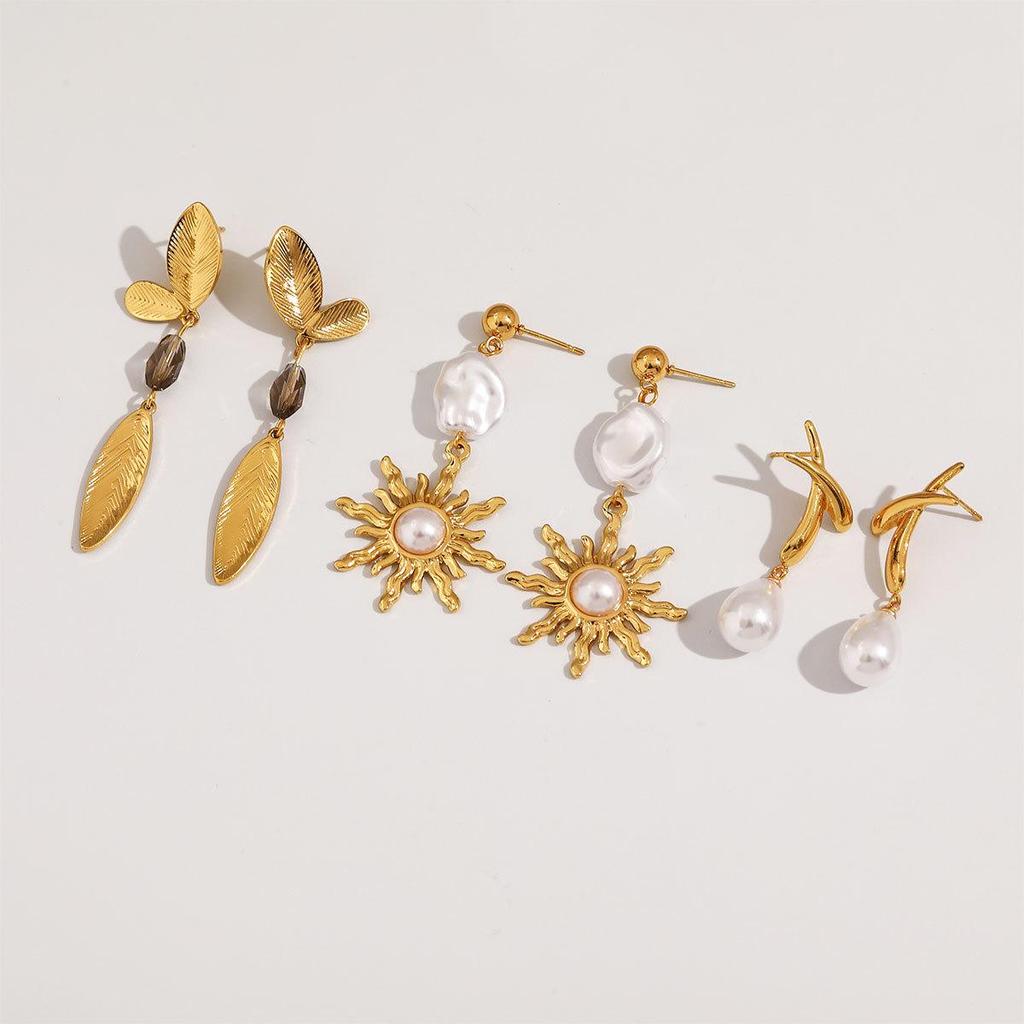 European Baroque Style Pearl Sun Ray Stainless Steel Earrings
