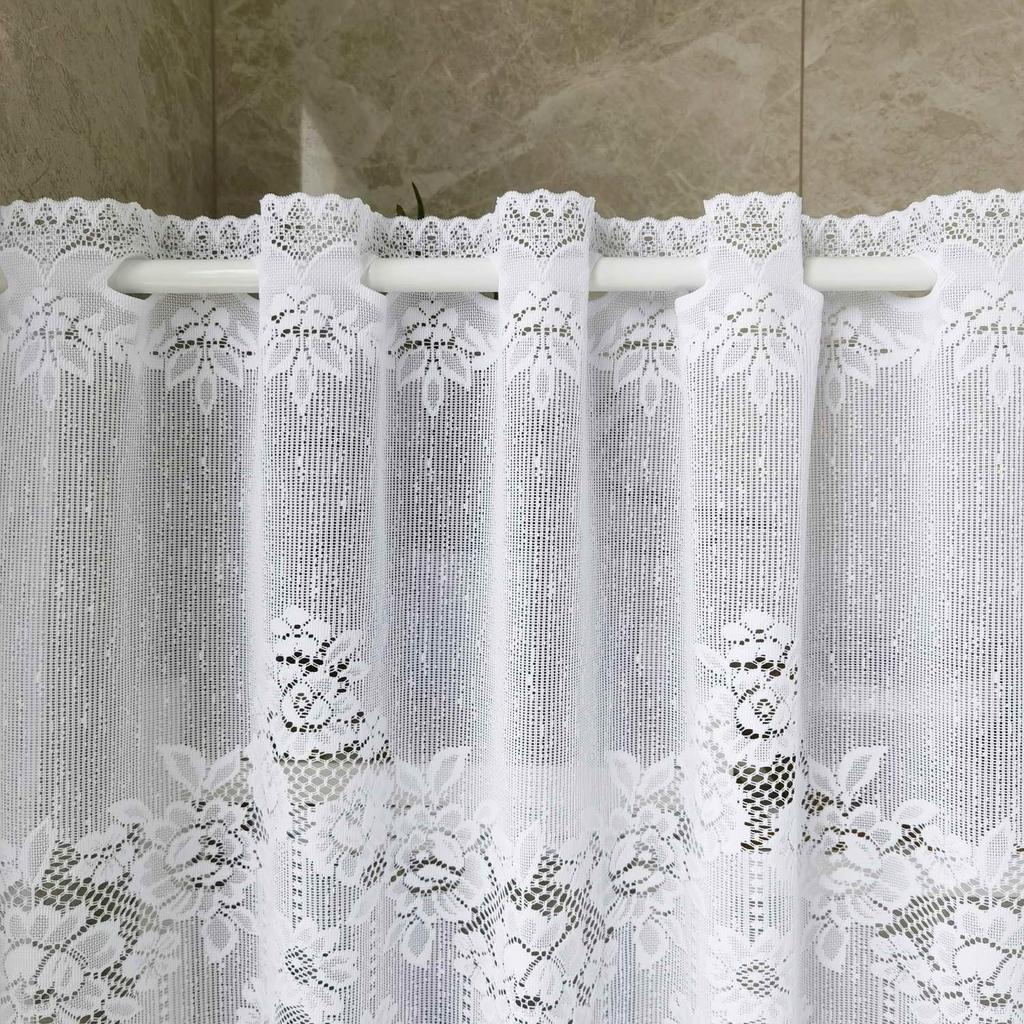 Cute white lace cafe curtains, 60cm long, for small windows. Stylish embroidered floral pattern. Perfect for privacy and short curtains for coffee