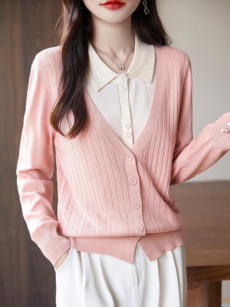 Women's Fine Wool Faux Two-Piece Knit Cardigan with Lapel Collar, Long Sleeves, and Inner Base Layer.