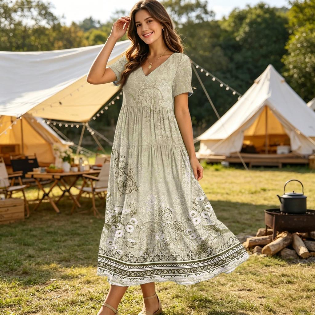 Vestido Midi de Verano para Mujer, Estilo Bohemio, Ajuste Holgado Casual, Estampado Degradado, Manga Corta, Cuello en V, Ropa de Playa