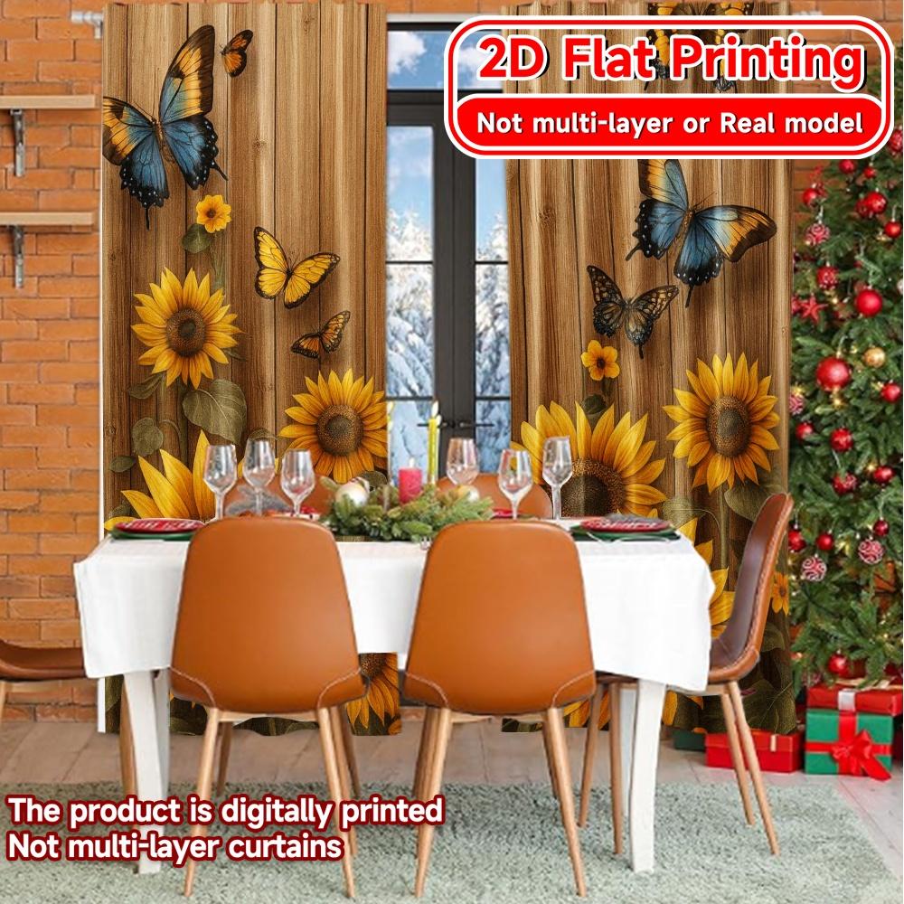 Set Of 2 Flat Printing Butterfly Sunflowers Print Chic Curtains Prints Home Decor Use Bedroom Curtain Semi Sheer For Made Polyester
