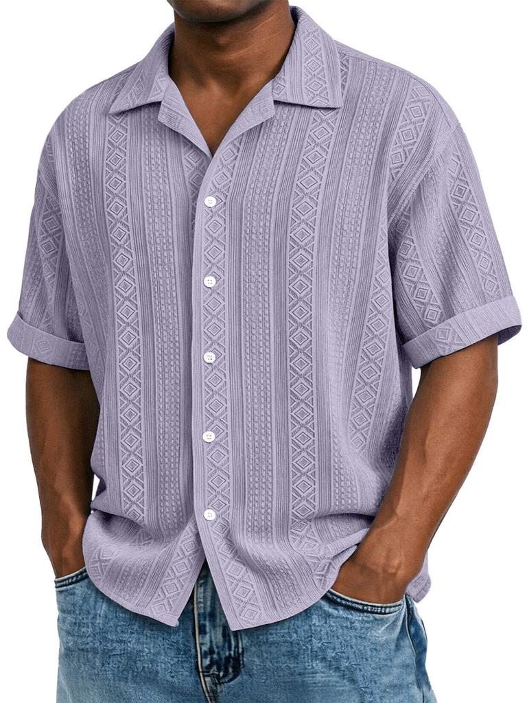Mens Jacquard Short Sleeve Casual Loose Lapel Solid Vacation Beach Shirt