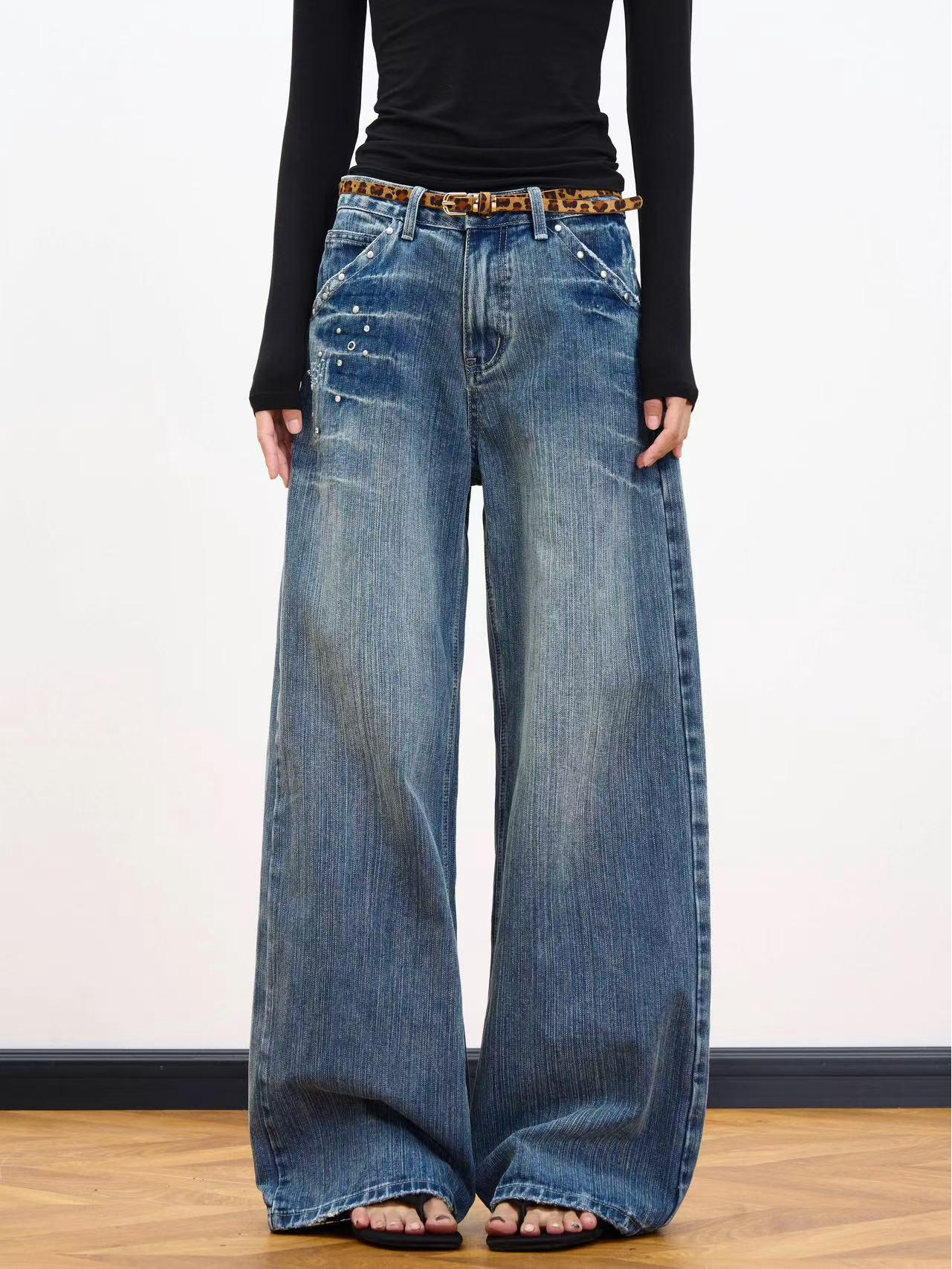 Retro Distressed Lightning Jeans – Unisex Loose Straight-Leg Trousers 3XL