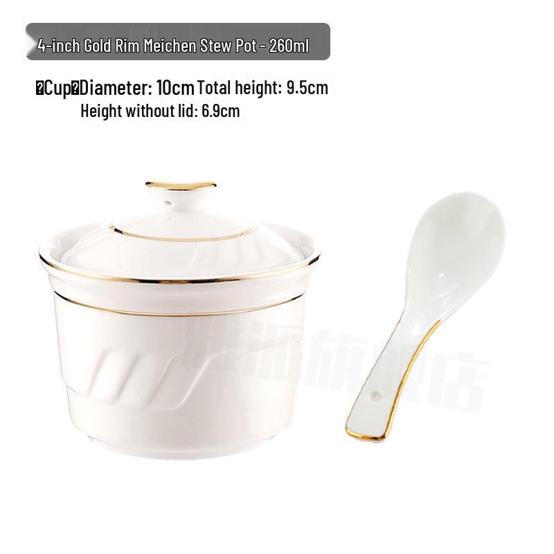 Keramik-Schmortopf mit Deckel, goldrandig, für den gewerblichen Gebrauch: Ideal für Vogelnestersuppe, gedämpfte Desserts und Eier.