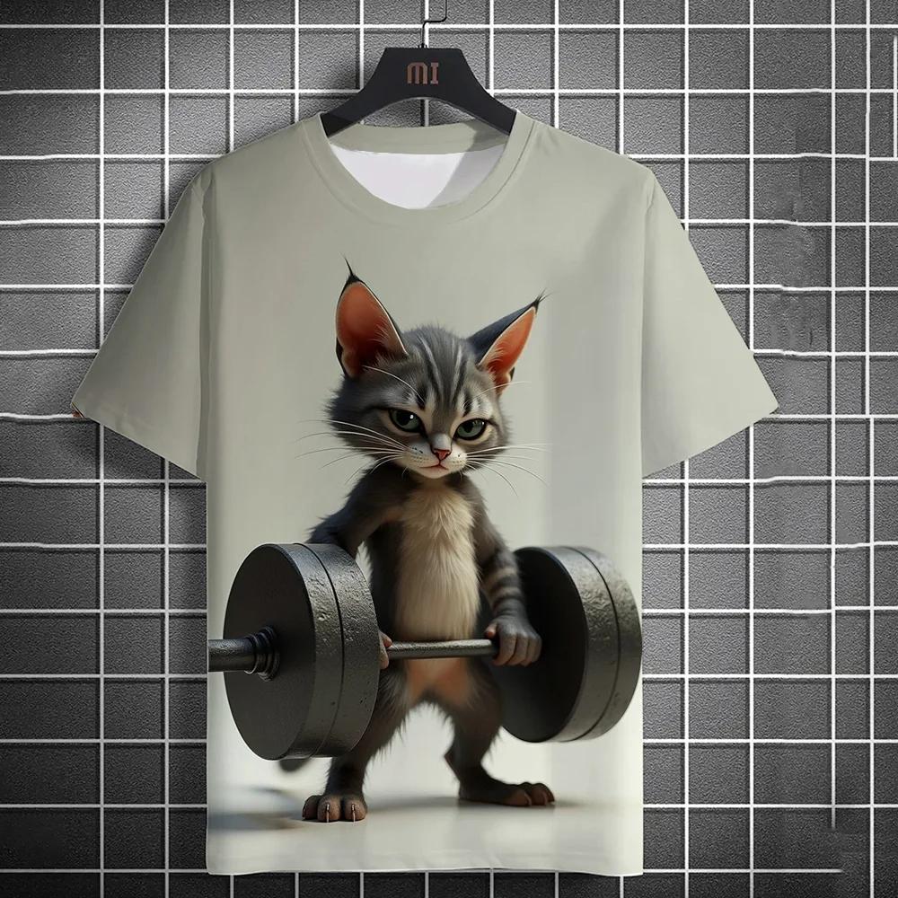 3D Fitness Cat Print Short Sleeve T-Shirts Oversized Clothing Summer Street Casual Top Fun Animal Men's T-shirts