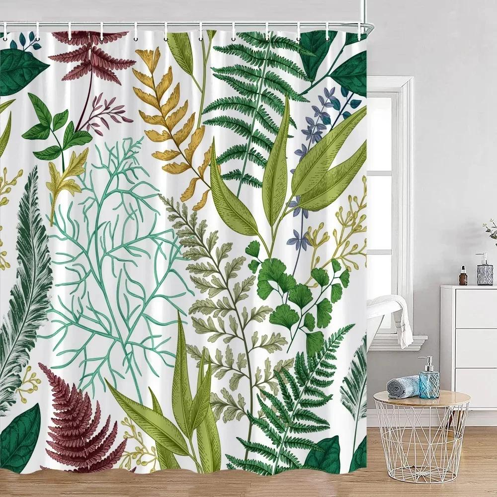 Tropical Leaves Shower Curtain Green Leaf Palm Flower Flower Bathroom Curtain Green Plant Bathroom Decoration with Hook