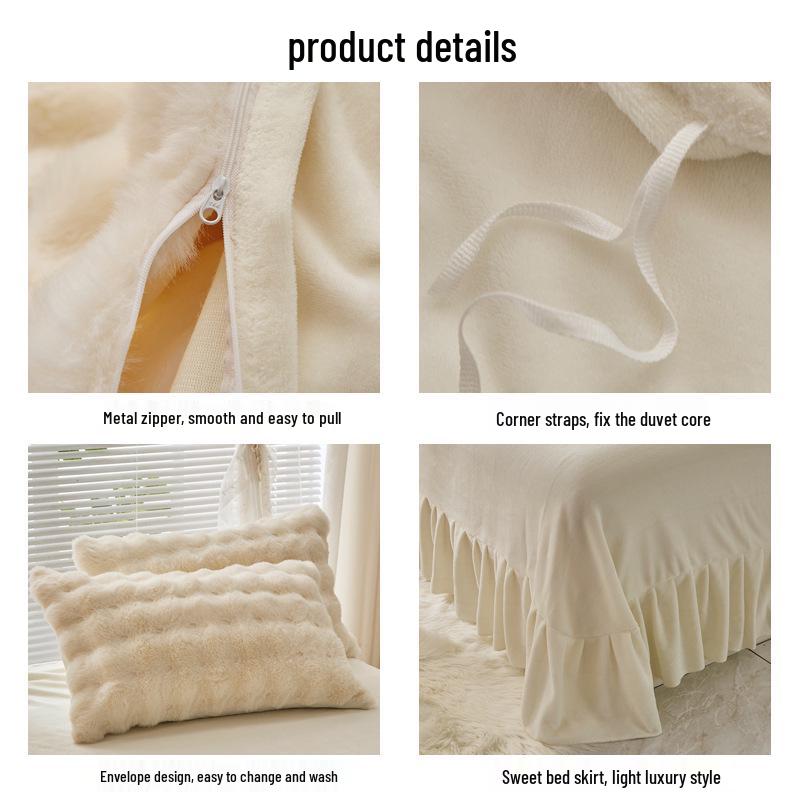 Winter Plush Bunny Fur Bedding Set: Double-Sided Milk Velvet and Coral Fleece Duvet Cover with Skirt