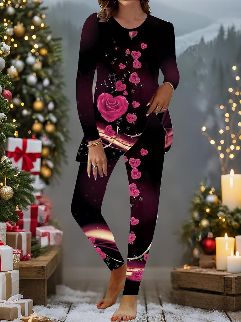 Euroamerická móda 3D potisk lásky Dámské celoroční tričko s dlouhým rukávem + Dlouhé kalhoty Dvoudílná sada. Perfektní dárek na Nový rok a Vánoce