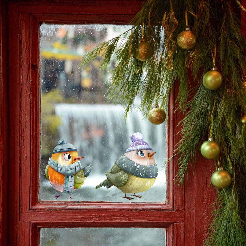 Warm and Cozy Winter Bird Window Sticker That Self-adheres and Leaves No Residue. Compatible with Christmas Stickers.