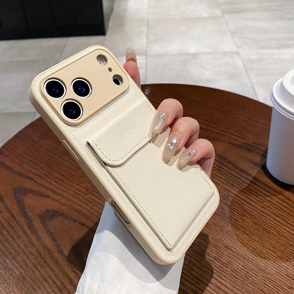 For iPhone 17 Pro Case Solid Color PU Leather TPU Phone Cover with Card Holder Kickstand