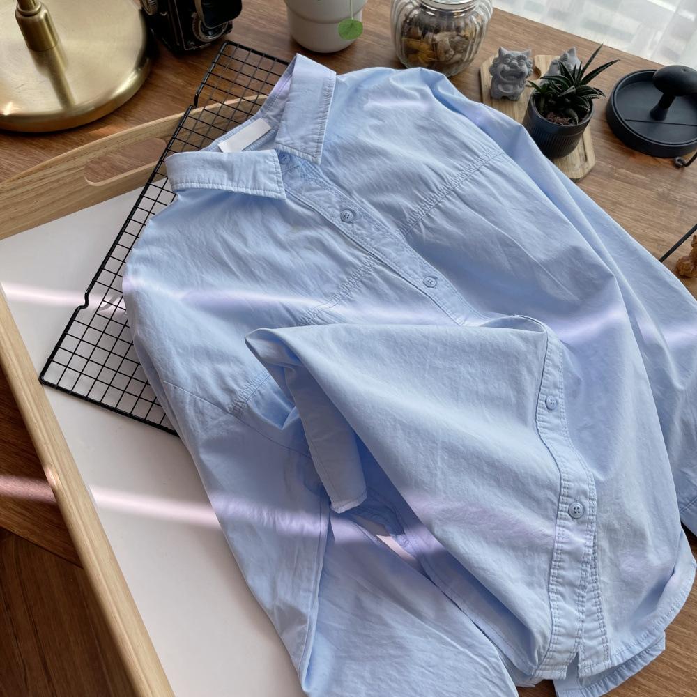 Camisa Simples de Cor Sólida Larga com Lapela Camisa Feminina Moda Casual Elegante Camisa de Mulher para Outono e Primavera