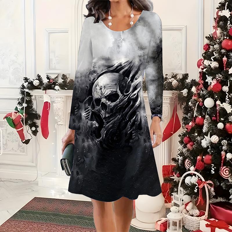 

2025 Осень и Зима Новое Повседневное Женское Платье с Круглым Вырезом 3D Хэллоуинский Узор Идеальный Подарок на Хэллоуин Рождество 8XL чёрный