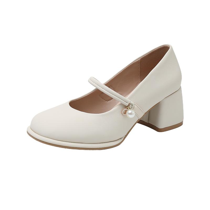 

Versatile Mary Jane shoes women s new autumn thick heel single shoes with skirt height increase small leather shoes 40 бежевый