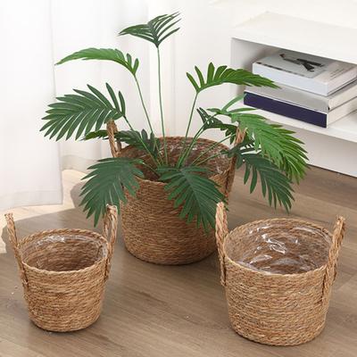 Wicker Planter Basket with Handles Indoor Outdoor Plants Rattan Woven Planter Pot Home Living Room Balcony Garden Round Decorative Flower Pot