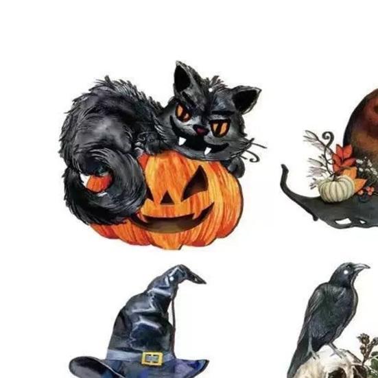 Scary Witch Hat Castle Wall Art 36Pcs Vintage Halloween Wooden Hanging Ornaments, Pumpkin Black Cat Ghost Tree Pendant Ornaments Crow Tags,