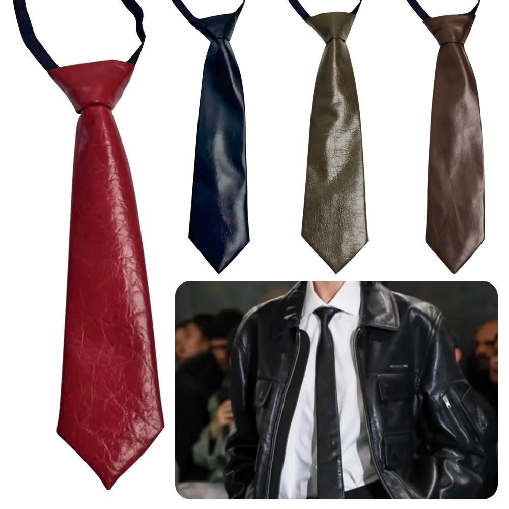 College Style PU Leather Ties Solid Color Lazy Tie Retro JK Necktie