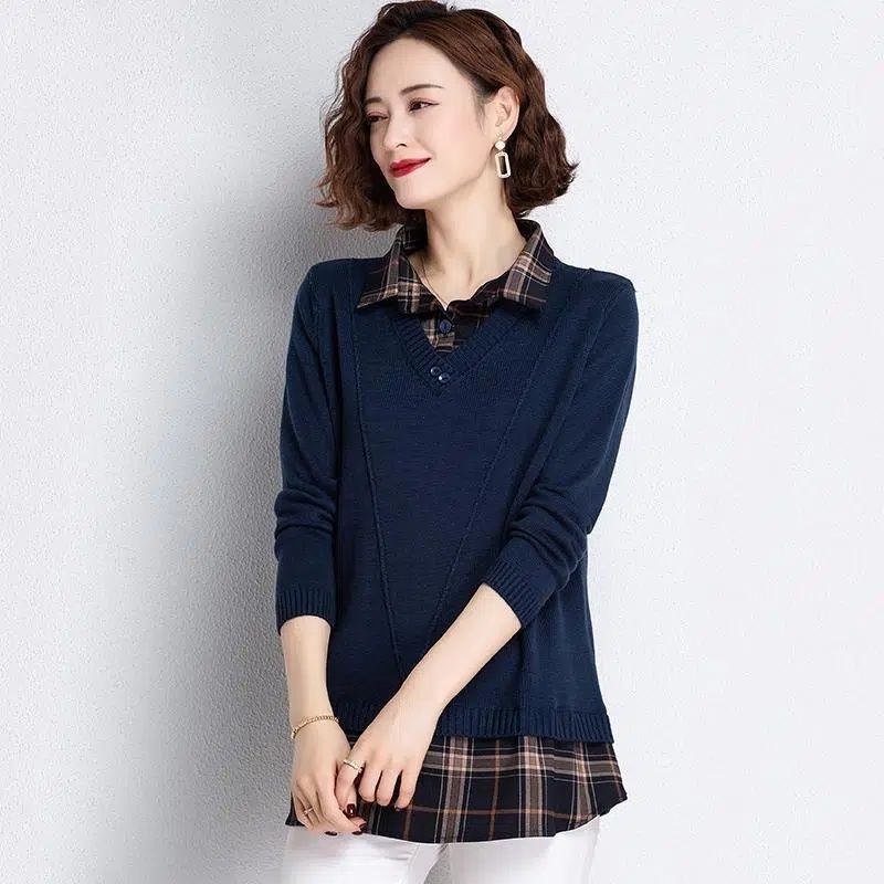 Женский свитер-двойка, весенний свитер с рубашечным воротником, базовая рубашка, весенне-осенний свободный пуловер XXL темно-синий