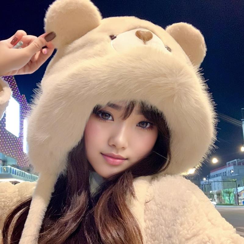 

Plush Bear Ear Hat for Women In FallSeason and ColdSeason Thickened Warm Ear Protection Goggles Cute Lei Feng Hat Riding Gloves One Size
