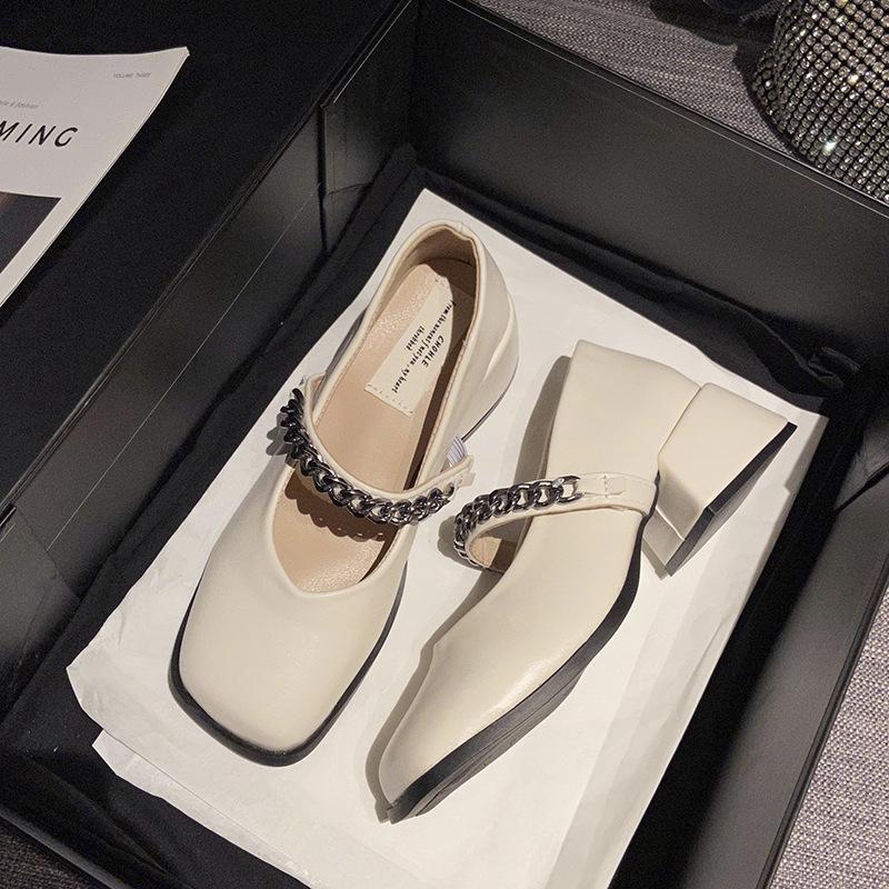 Fashion Brown Mary Jane Shoes with Chain Decor Spring Autumn Square Toe VintagePumps for Women's Elegant Dress Shoes Zapatos De Mujer