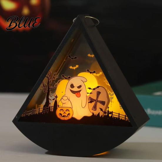 Decorative Lights for Home Halloween Triangle LED Lantern Tumbler Shape Night Light with Witch Ghost Glass Silhouette Shadow Box Pumpkin Battery