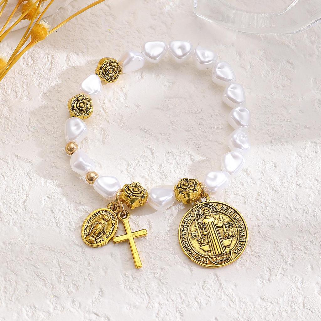 Retro Virgin Mary Pendant Pearl Bracelet with Oval Charm and Flower Design for Women