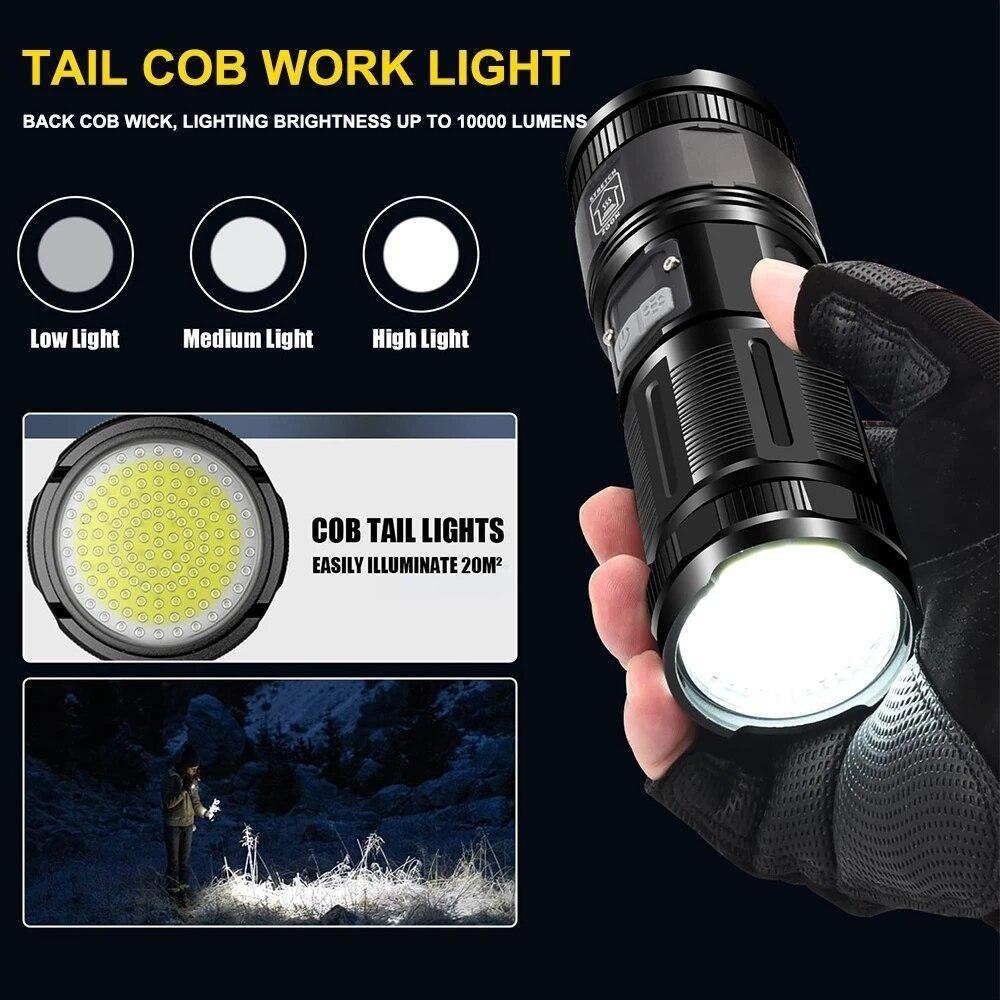 Superhelle LED-Taschenlampe, wiederaufladbar, Typ C, 9000 mAh, XPH90 COB-Taschenlampe mit Digitalanzeige für den Außenbereich