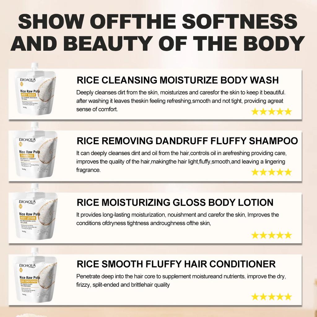 Kroppstvätt/schampo/balsam/bodylotion med rispuré rengör och återfuktar och avlägsnar djupt smuts från huden