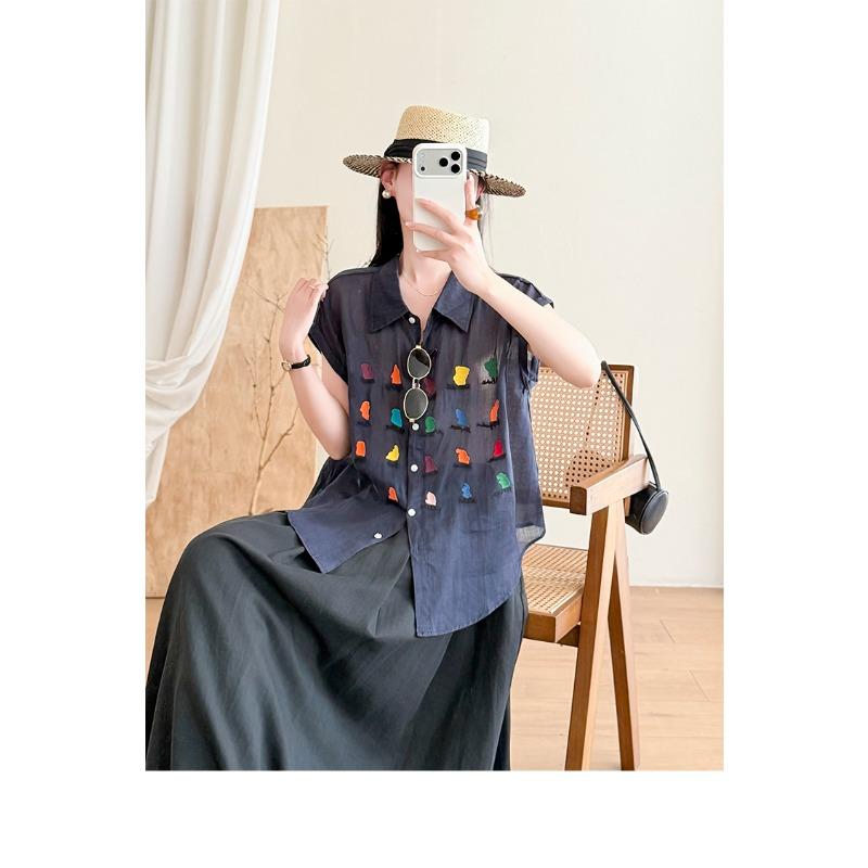 DIMANAF 2026 Summer New Plus Size Women Blouse Shirt Casual Lady Tops Tees Loose Embroidery Floral Cotton
