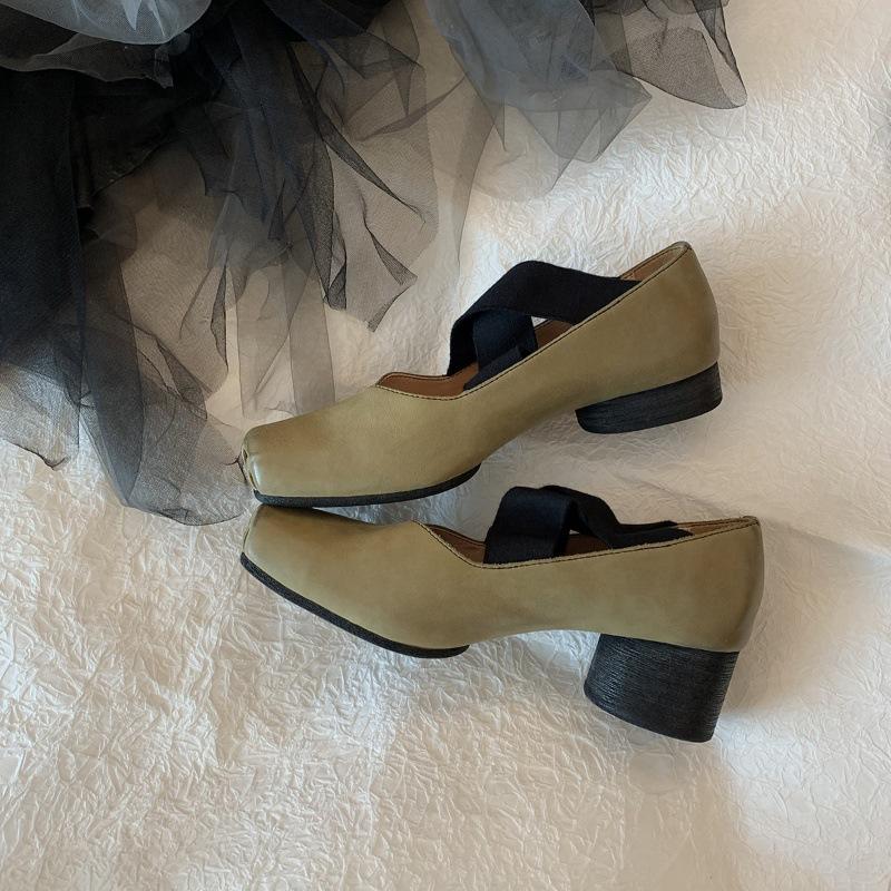 Sheepskin Grape Mom High Heel Single Shoes Women's Vintage Cross Strap Mary Jane Shoes Square Head Pig Nose Thick Heel Ballet Shoes