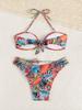 European & American Women's Printed Halter Backless High-Waisted Strappy Drawstring Bikini Swimsuit