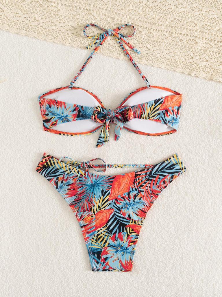 European & American Women's Printed Halter Backless High-Waisted Strappy Drawstring Bikini Swimsuit