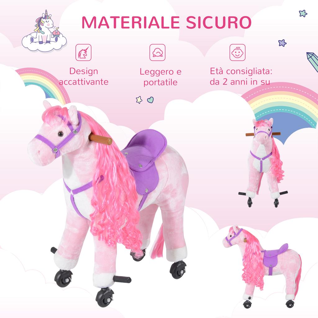 Rocking Horse for Children 2+ Years with 4 Wheels, Realistic Sounds and Footrest, 65x28x75 Cm, Pink