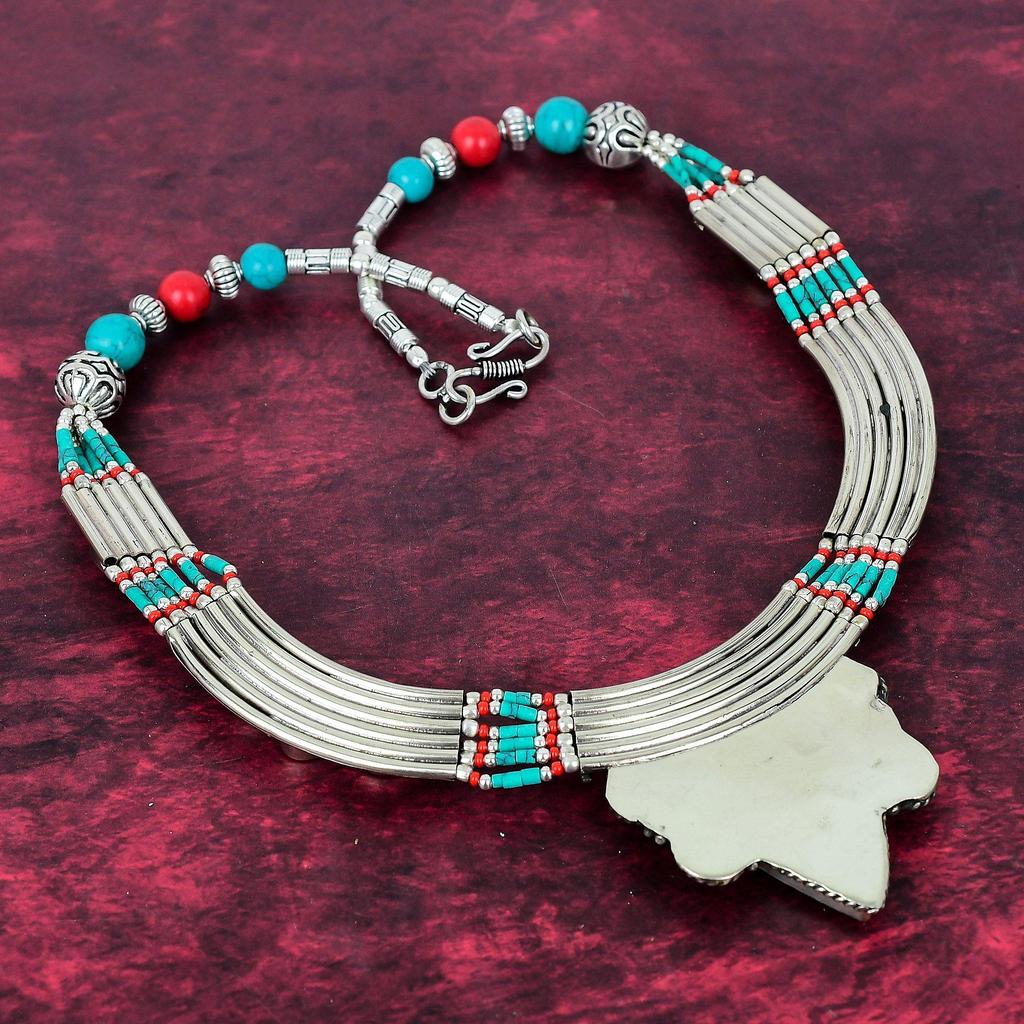 Blue Turquoise & Coral Handmade Gemstone Nepali Necklace, 925 Solid Sterling Silver Necklace, Adjustable Chain Necklace Engagement Gift