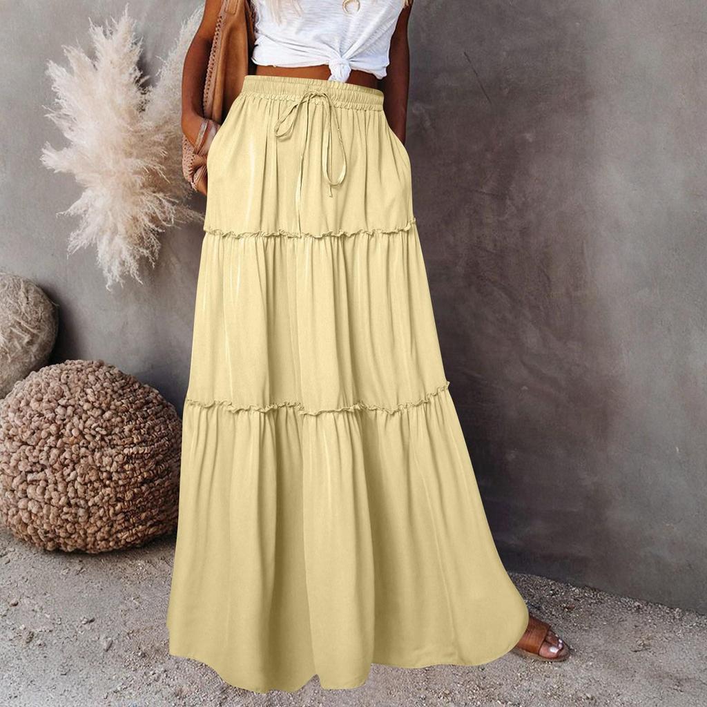 Women's Fashion Color Elastic Waist Skirt Loose Casual High Waist Tie Long Skirt