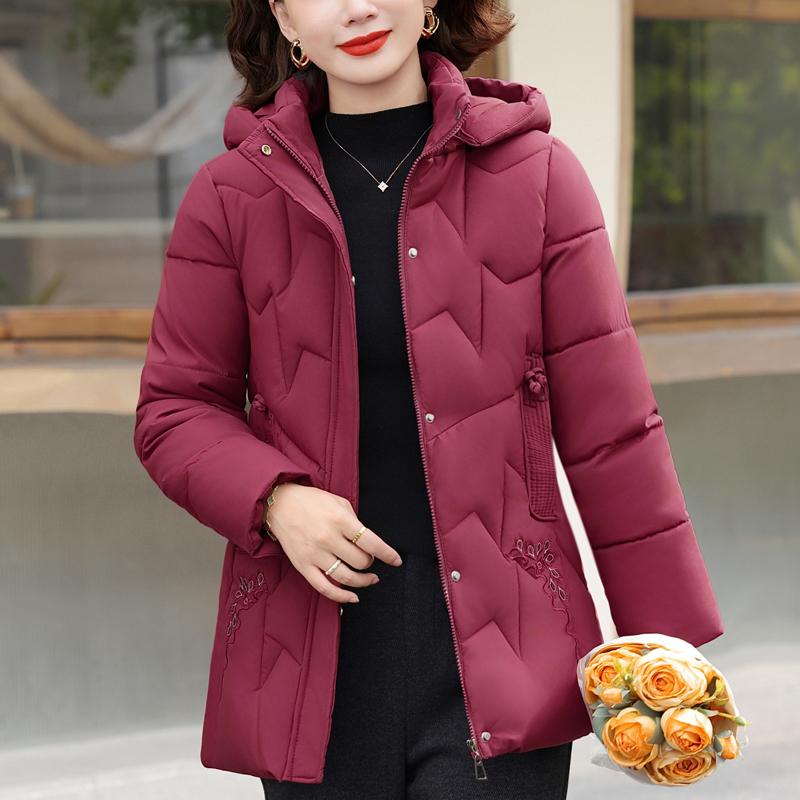 Plus Size Middle Age Women Winter Coats Hooded Elegant Thick Warm Embroidery Parkas Female Jackets