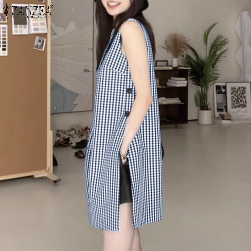 ZANZEA Women Summer Plaid Print Casual Round Neck Side Slit Sleeveless Long Tank Tops