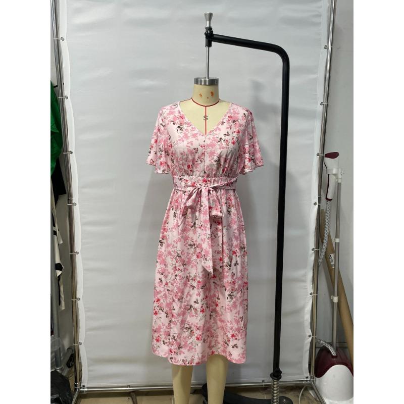 Women Floral Print Midi Dress V Neck Flutter Sleeve Waist Tie Casual Daily And Party Wear