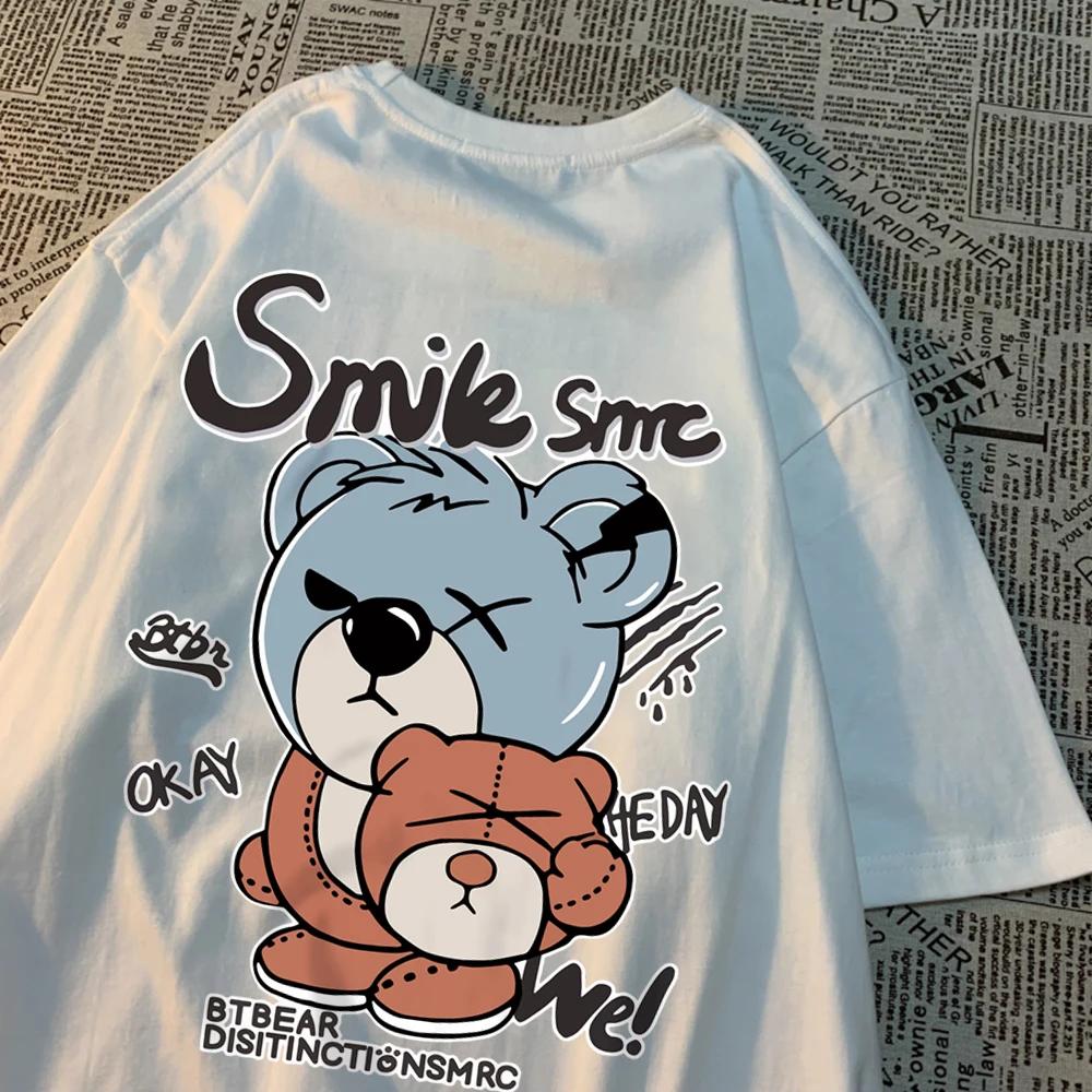 Teddy Bear With Hood Off T Shirt Men Women Hip Hop Streetwear Couple Printing Tops O-Neck Tee Clothes Cotton Oversized Tee
