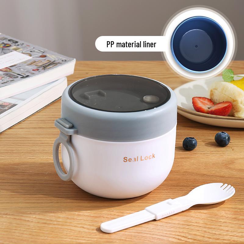 304 Stainless Steel Insulated Breakfast Cup with Lid & Spoon - Large Capacity for Porridge, Oatmeal, Milk; Portable for Students & Office Workers