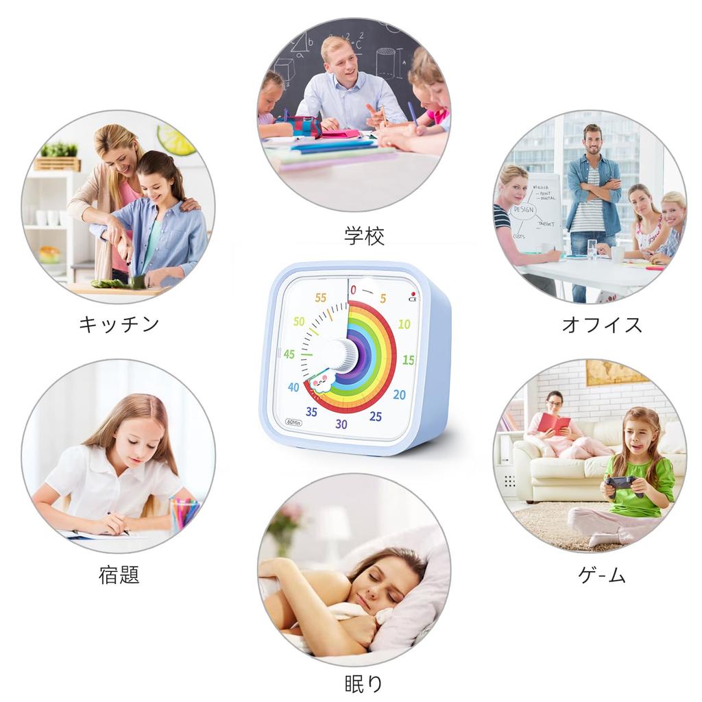 Yunbaoit Verbessertes 60-Minuten-Timer für Studium, Kinder, Küche und Büro, mit optionalem Alarmmodus für den Heim- und Schulgebrauch (Hellblaues Regenbogen)
