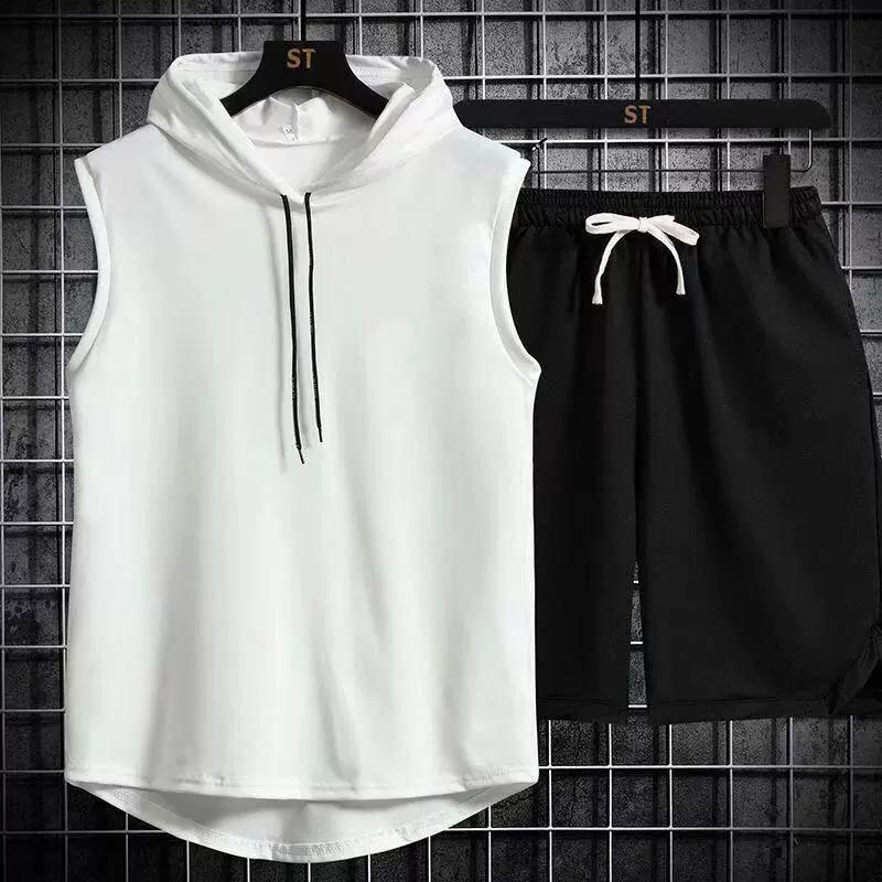 Summer Solid Color Vest Suit Men's Korean Version of The Sleeveless T-shirt Loose Waistcoat T-shirt Basketball Two-piece Suit