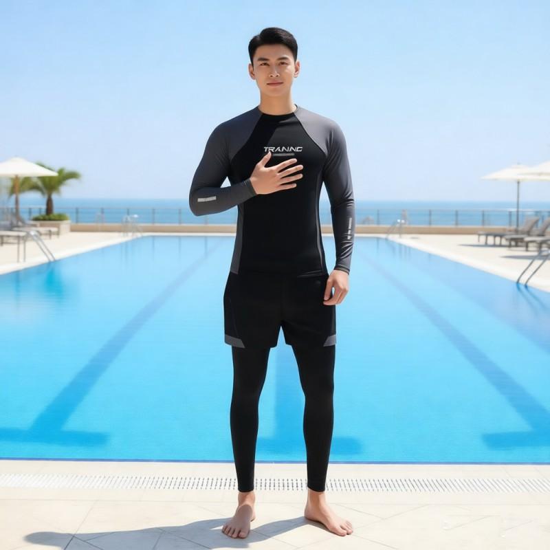 Men's Gray Long-sleeved Swimsuit Suit Set Boys Sunscreen Surfing Adult Anti-embarrassment Swimming Pants